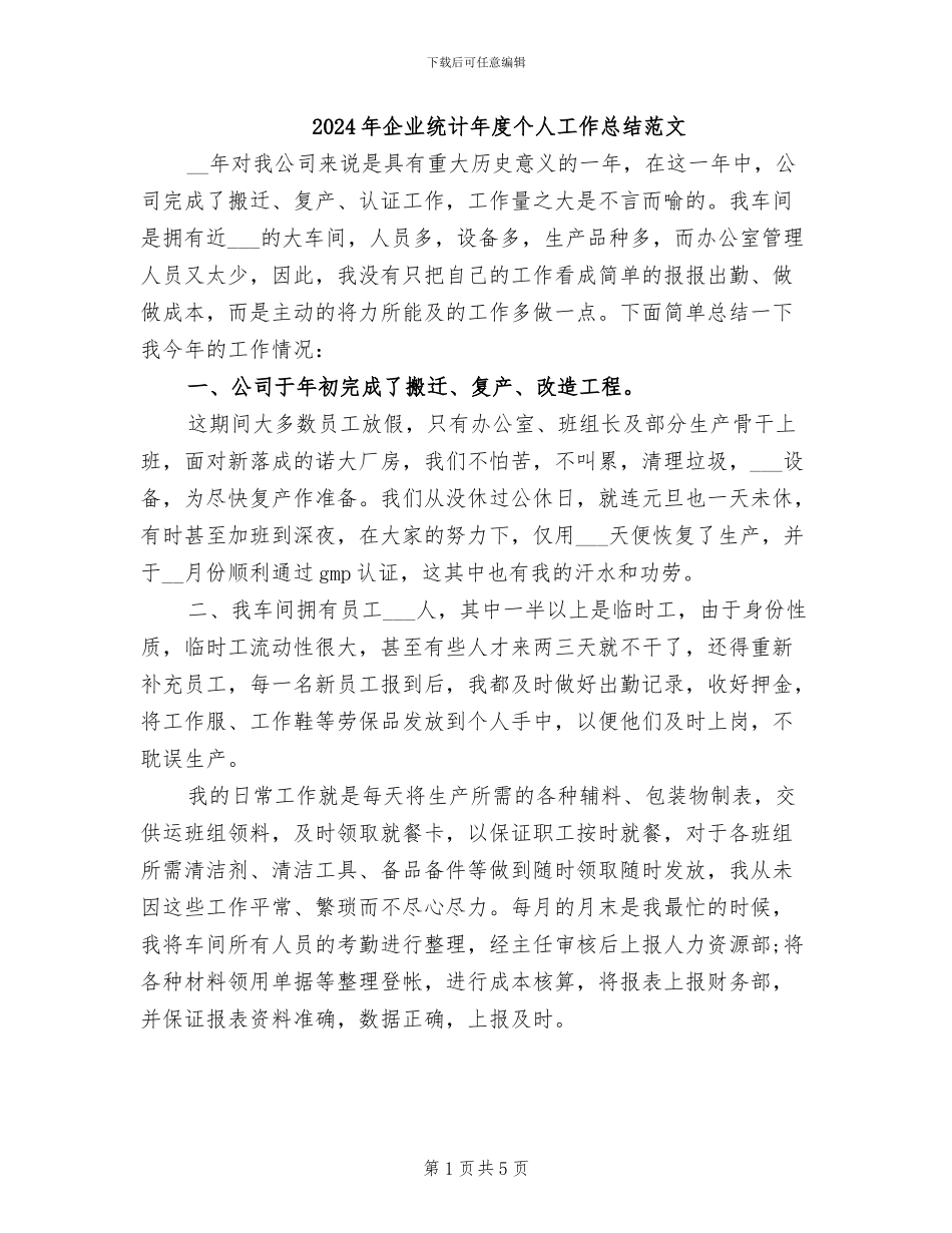 2024年企业统计年度个人工作总结范文_第1页