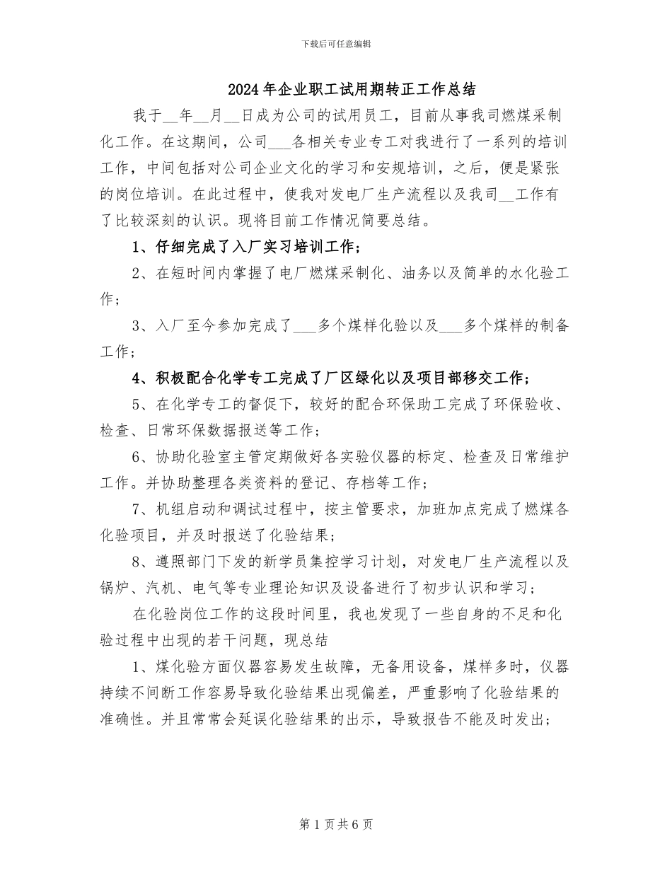 2024年企业职工试用期转正工作总结_第1页