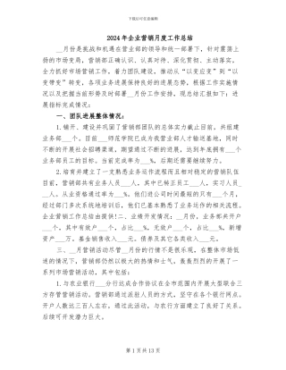 2024年企业营销月度工作总结