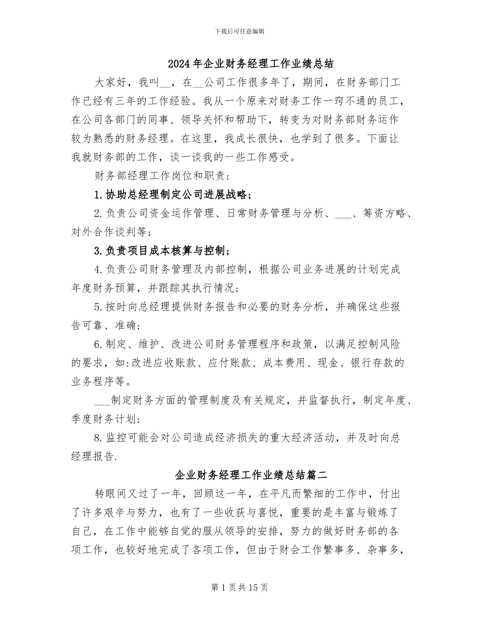 2024年企业财务经理工作业绩总结_第1页