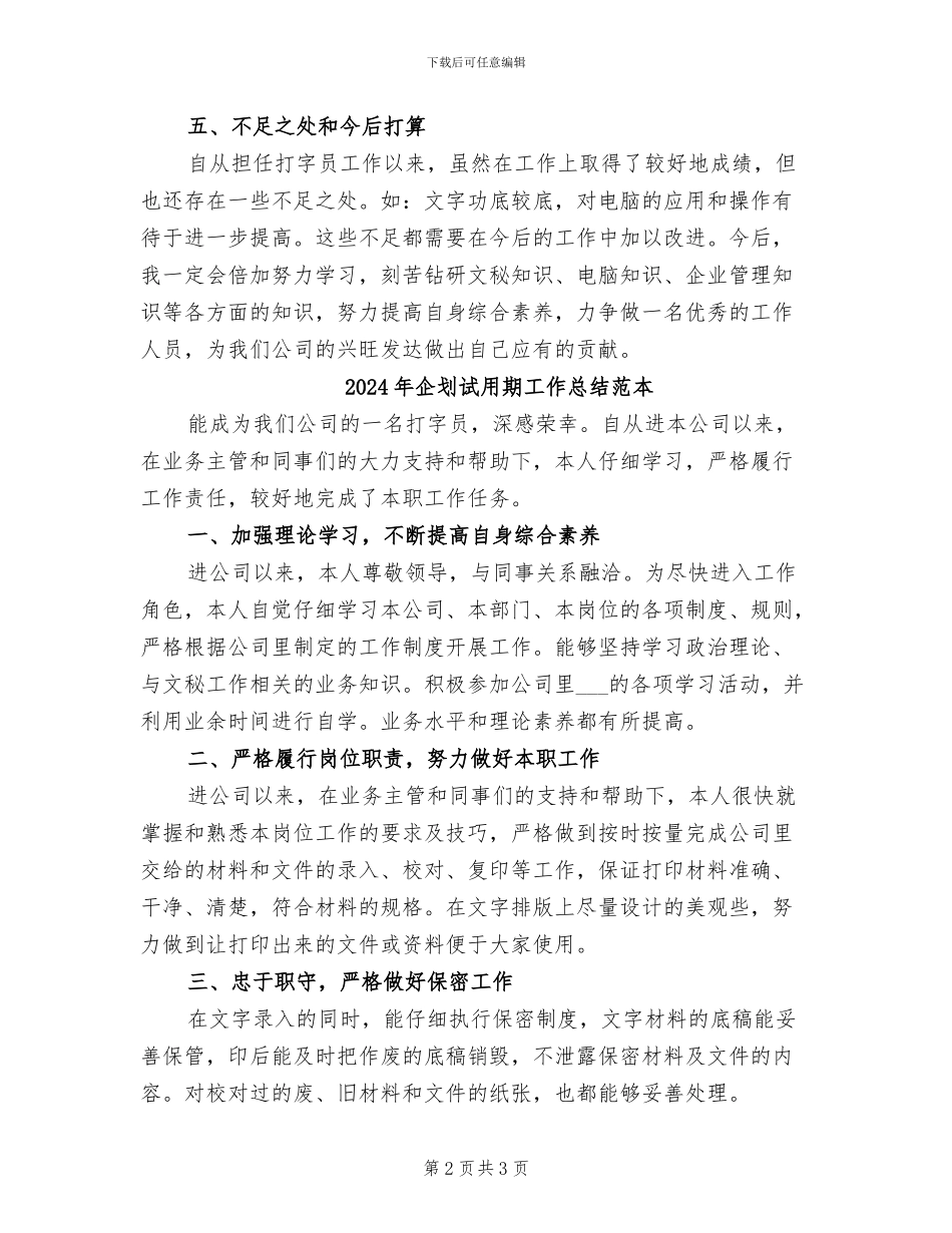 2024年企划试用期工作总结的_第2页