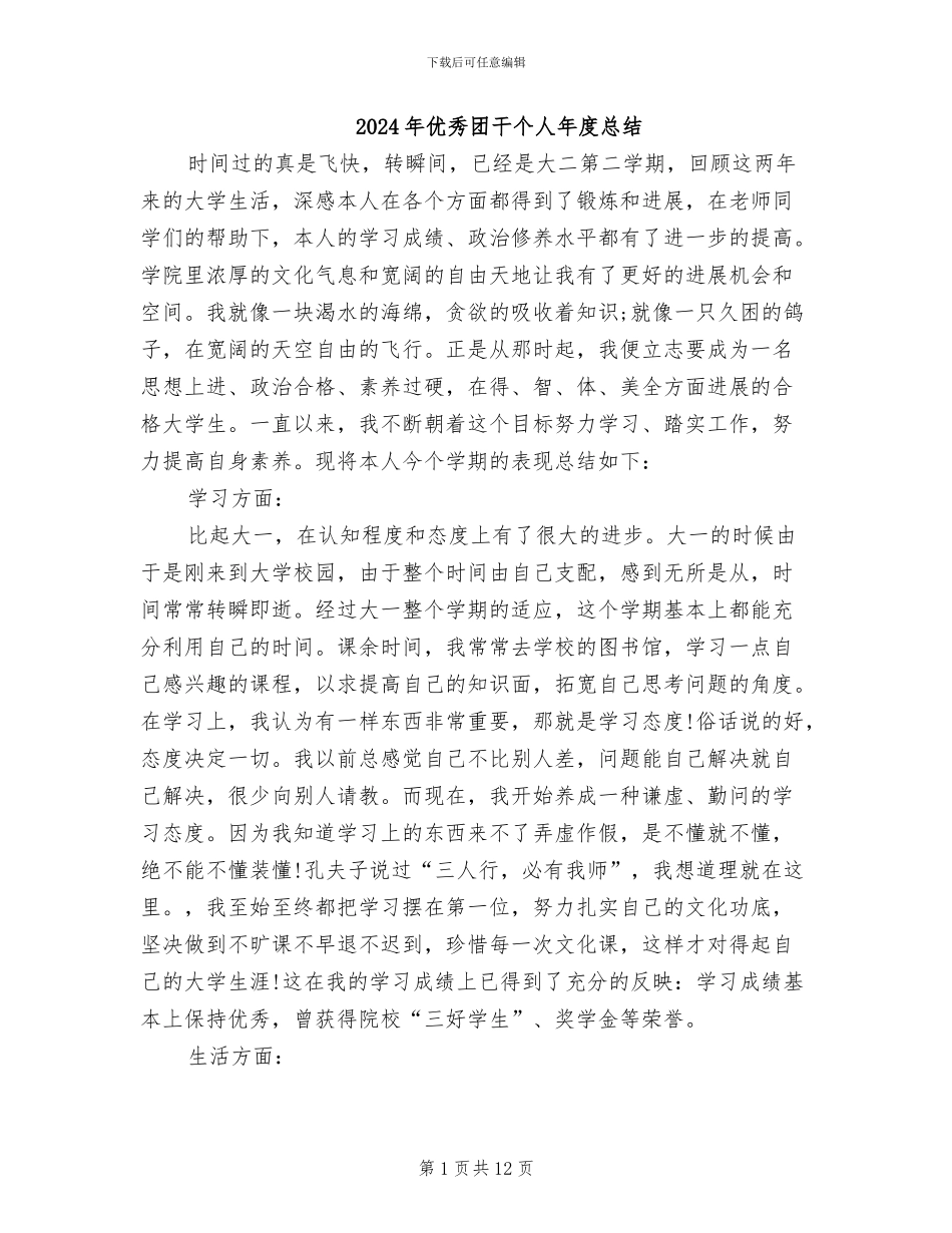 2024年优秀团干个人年度总结_第1页