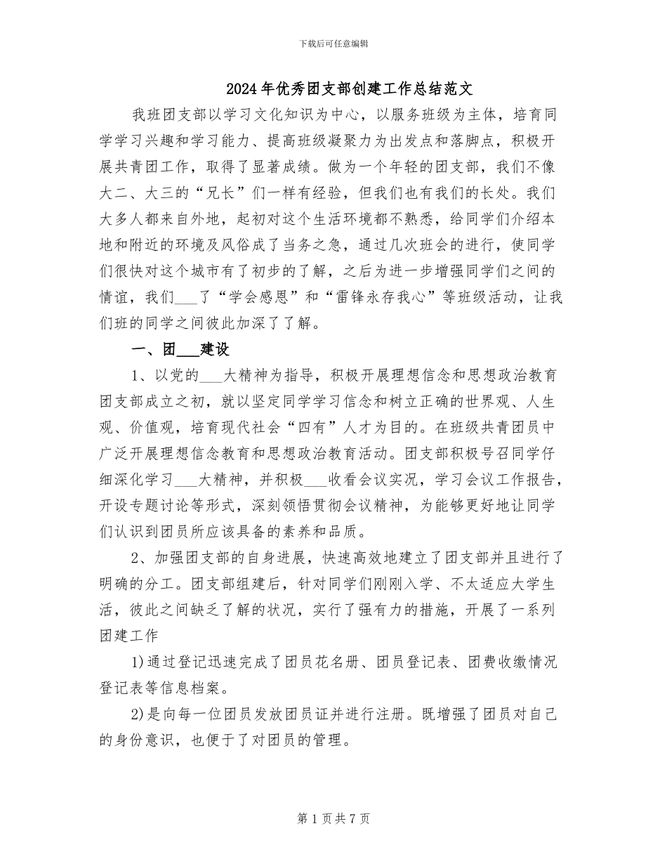 2024年优秀团支部创建工作总结范文_第1页