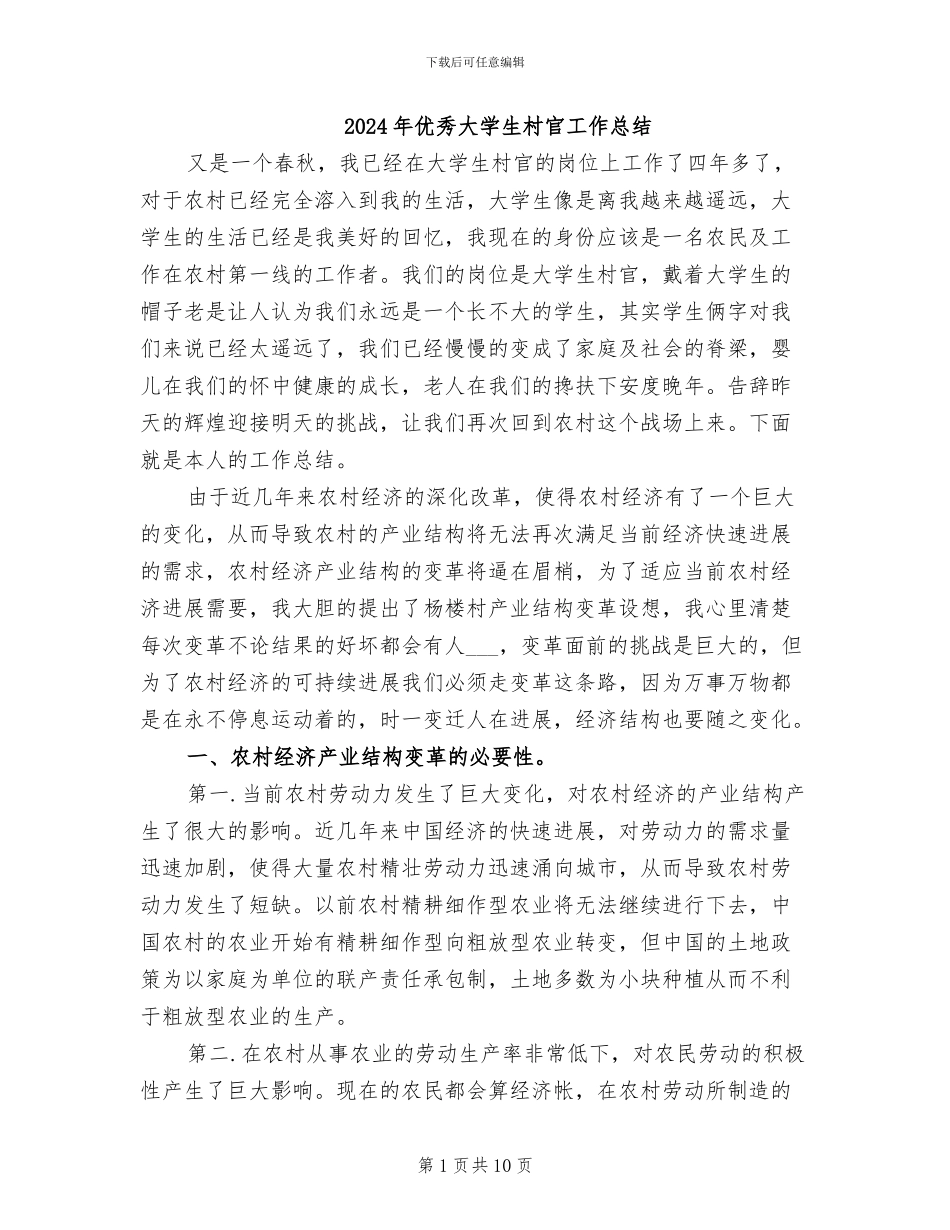 2024年优秀大学生村官工作总结_第1页