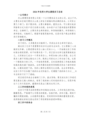 2024年优秀大学生暑假实习总结