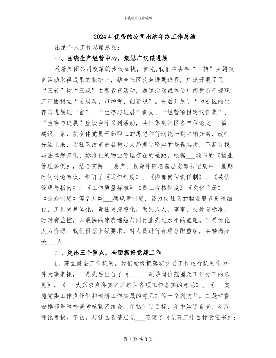 2024年优秀的公司出纳年终工作总结_第1页