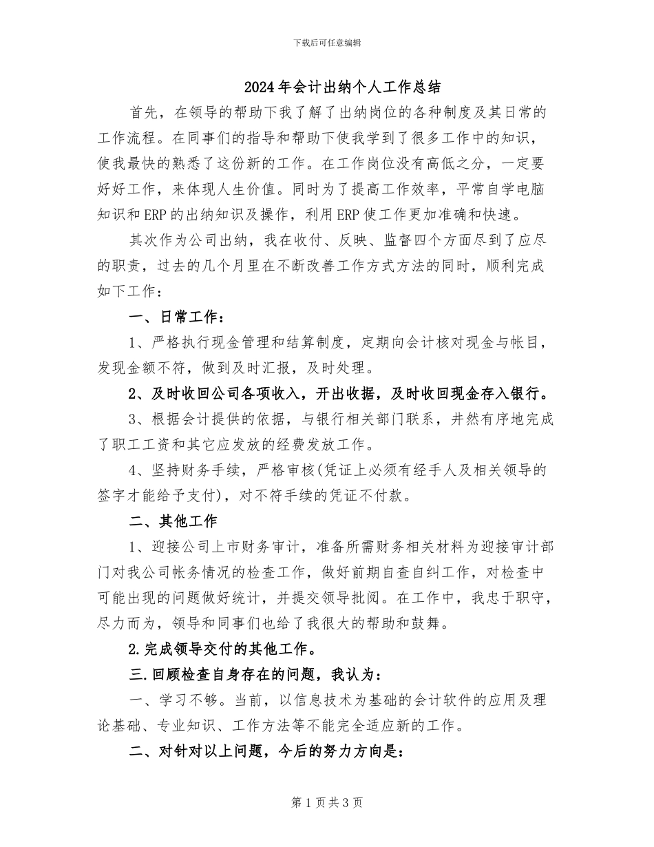 2024年会计出纳个人工作总结_第1页