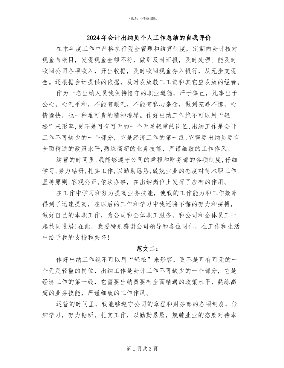 2024年会计出纳员个人工作总结的自我评价_第1页