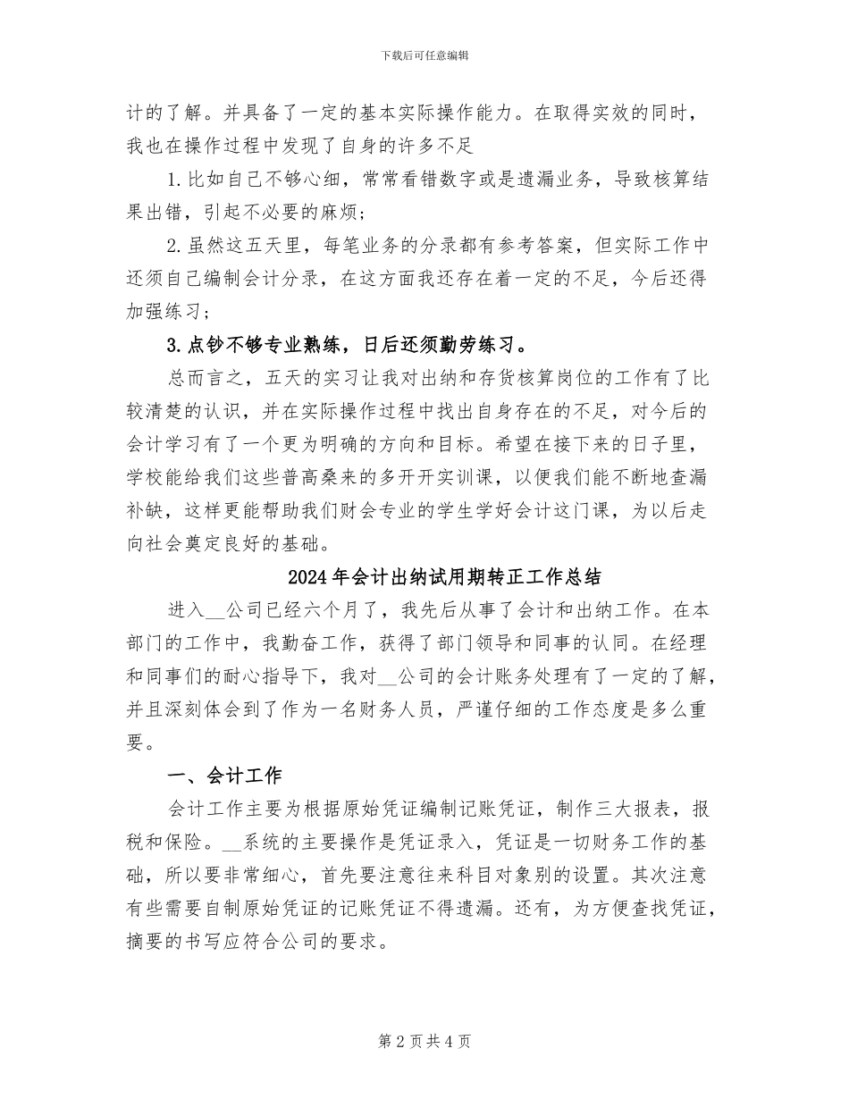 2024年会计出纳试用期工作总结范本_第2页