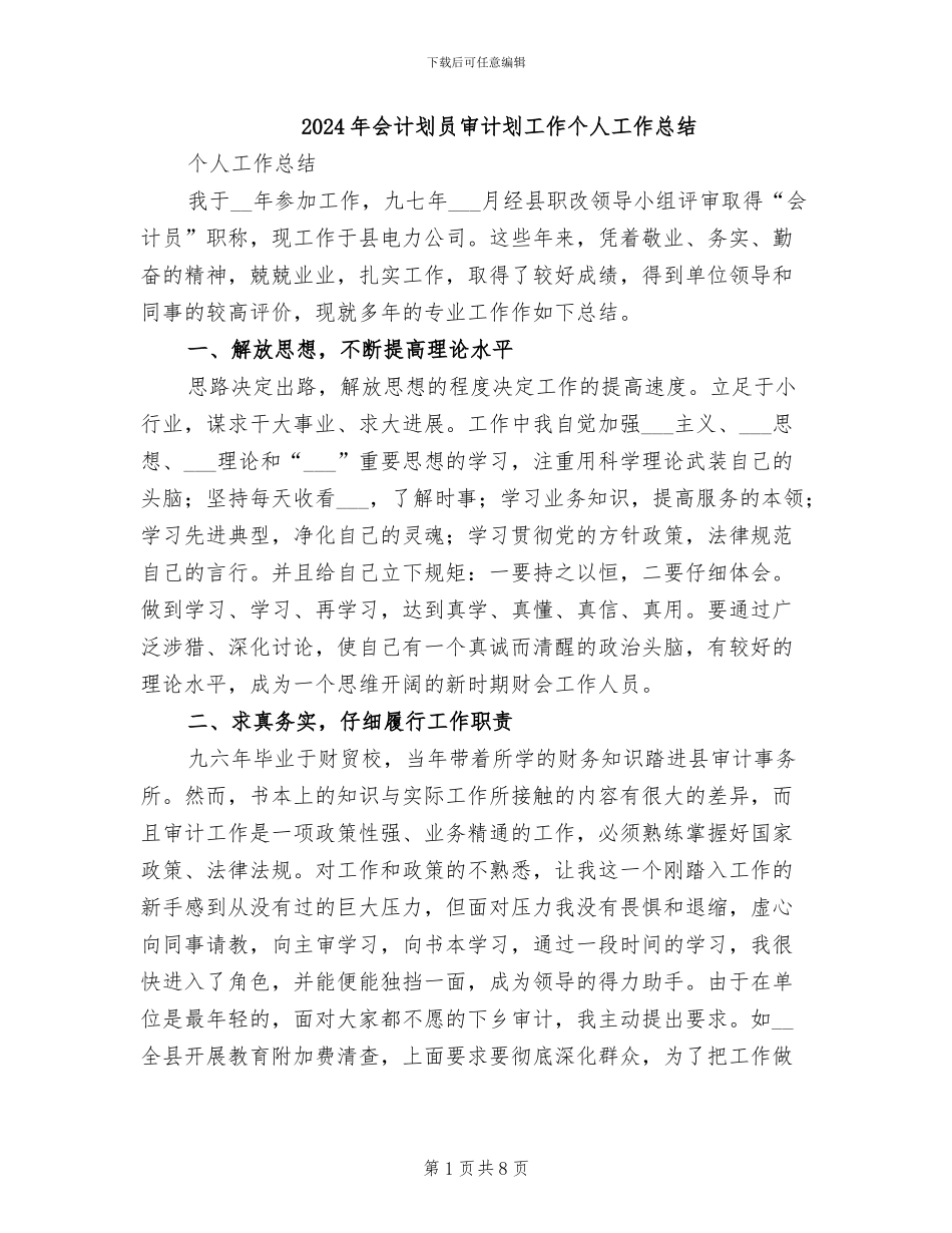 2024年会计划员审计划工作个人工作总结_第1页