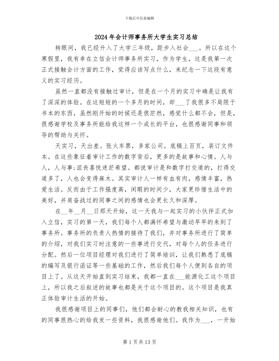 2024年会计师事务所大学生实习总结_第1页