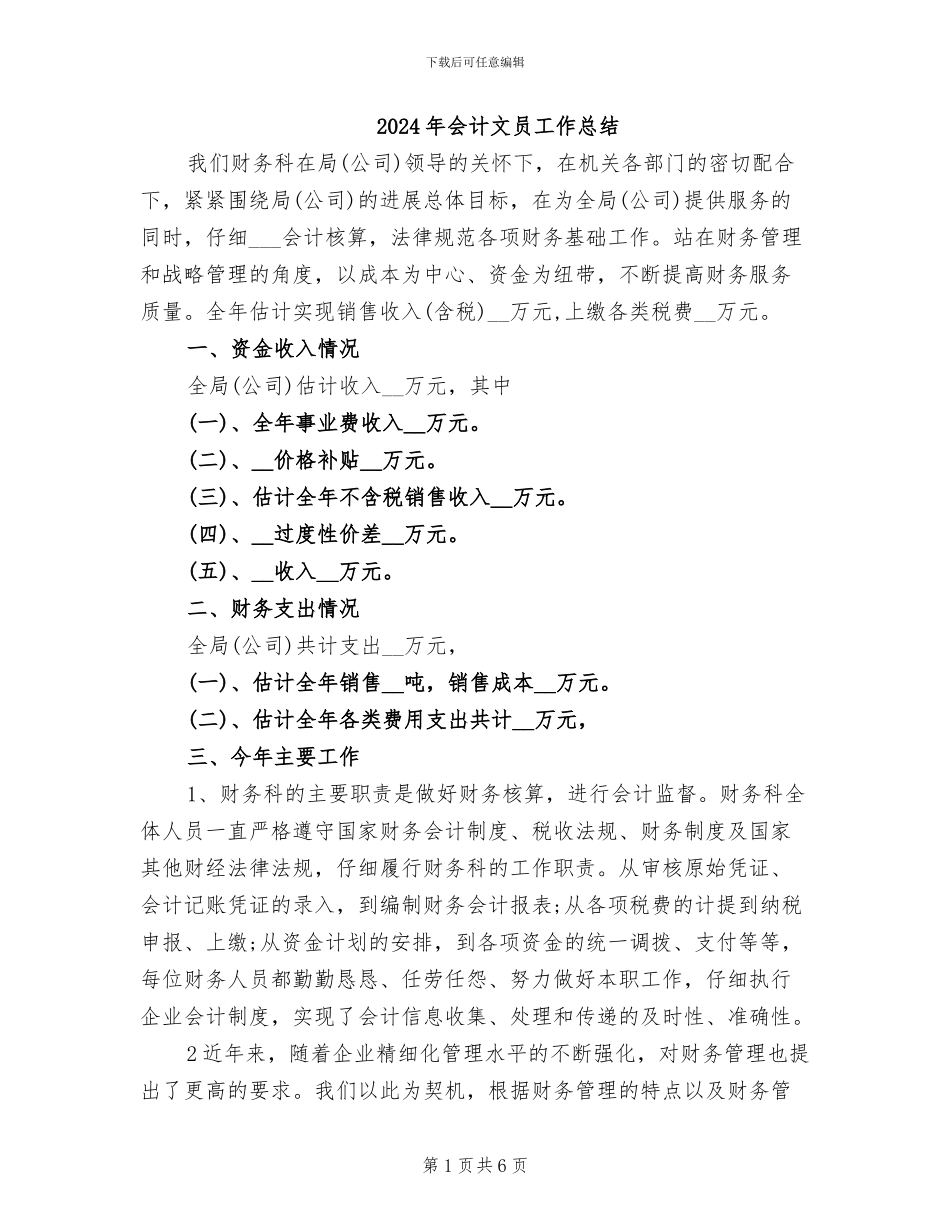 2024年会计文员工作总结_第1页