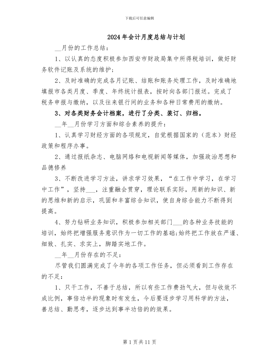2024年会计月度总结与计划_第1页