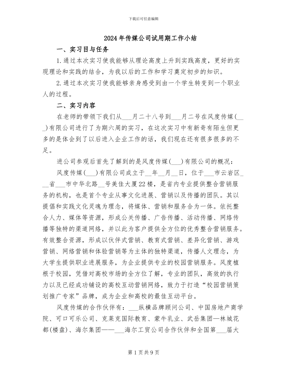 2024年传媒公司试用期工作小结_第1页