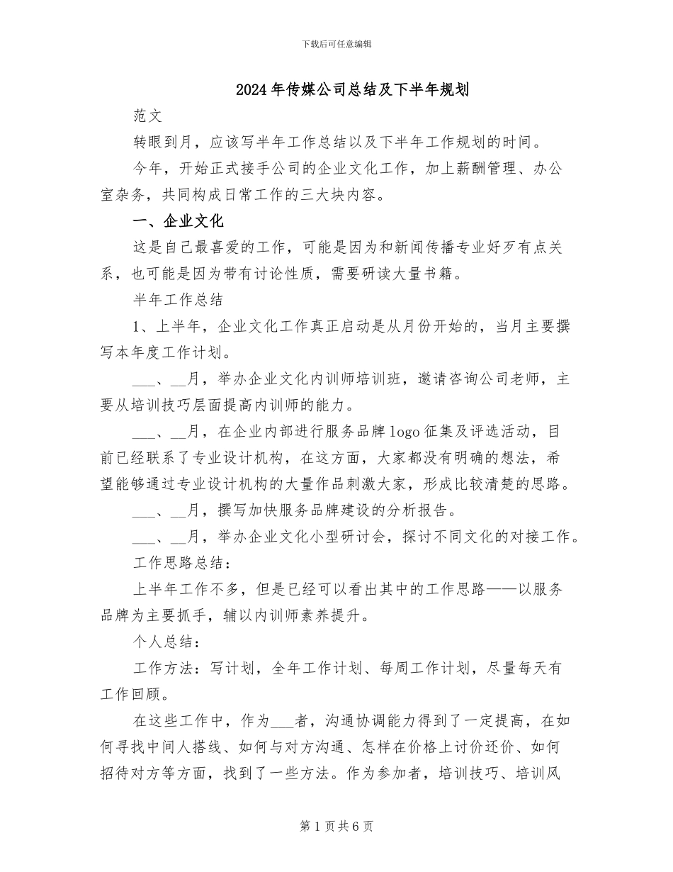 2024年传媒公司总结及下半年规划_第1页