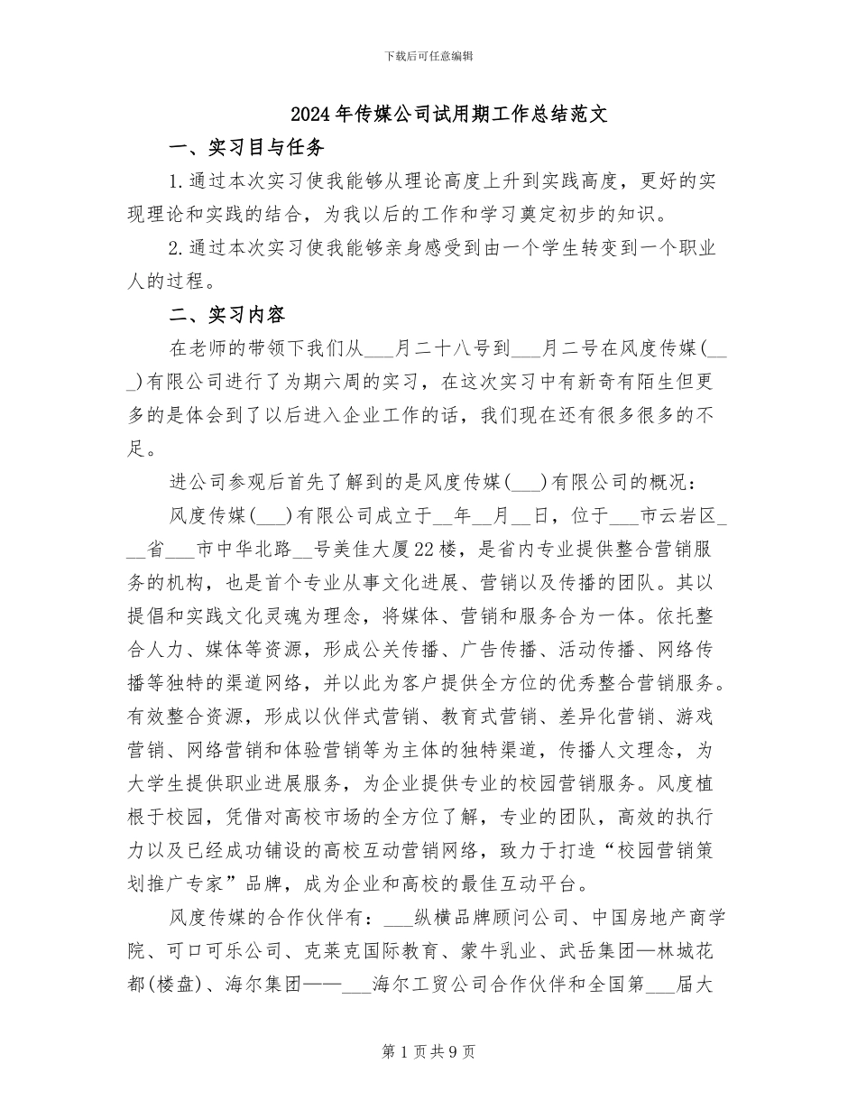 2024年传媒公司试用期工作总结范文_第1页