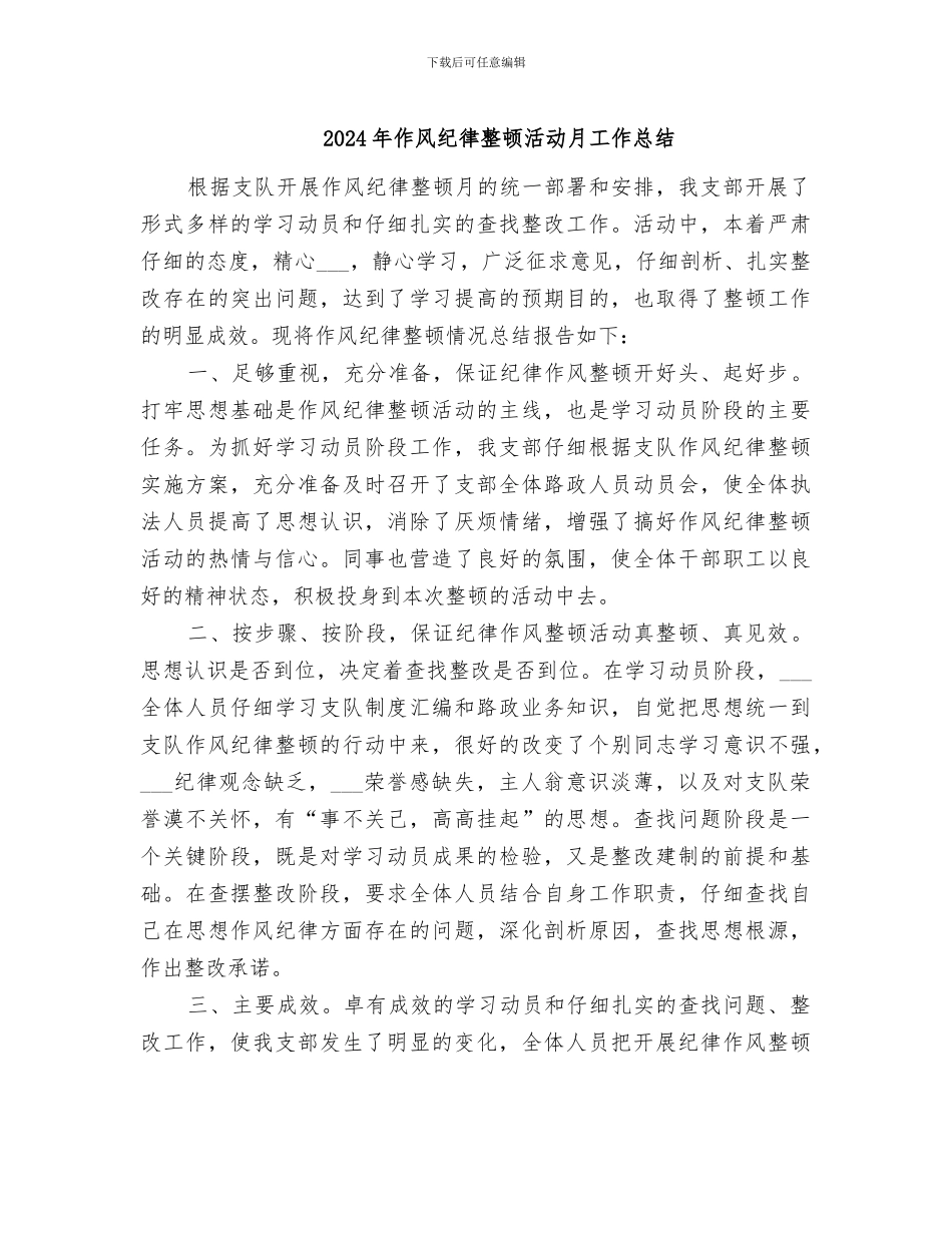 2024年作风纪律整顿活动月工作总结_第1页