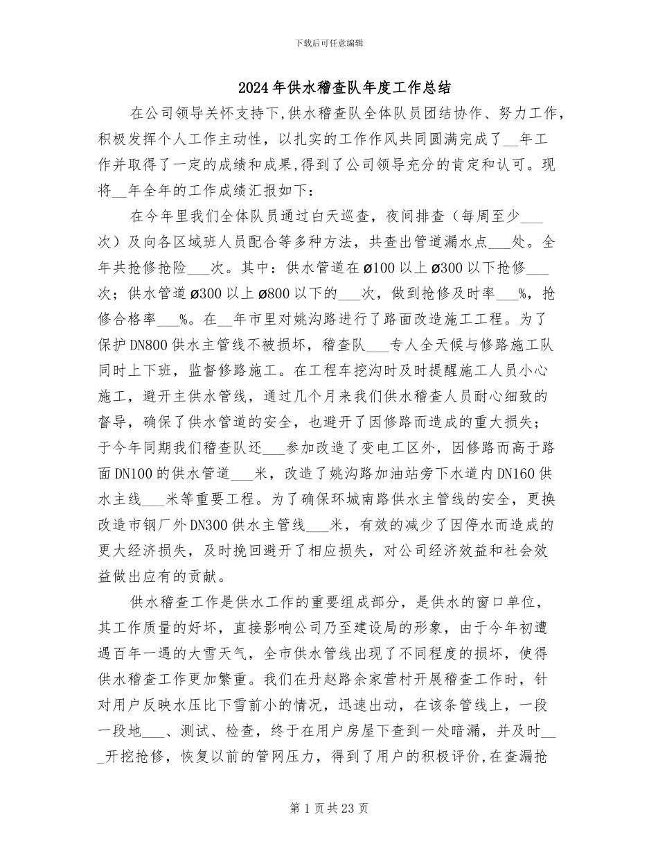 2024年供水稽查队年度工作总结_第1页