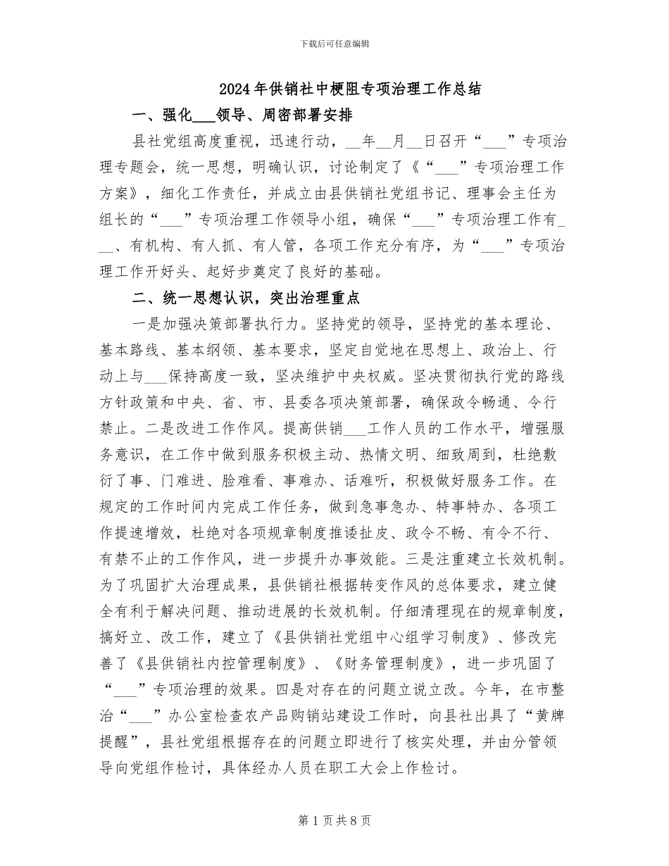 2024年供销社中梗阻专项治理工作总结_第1页