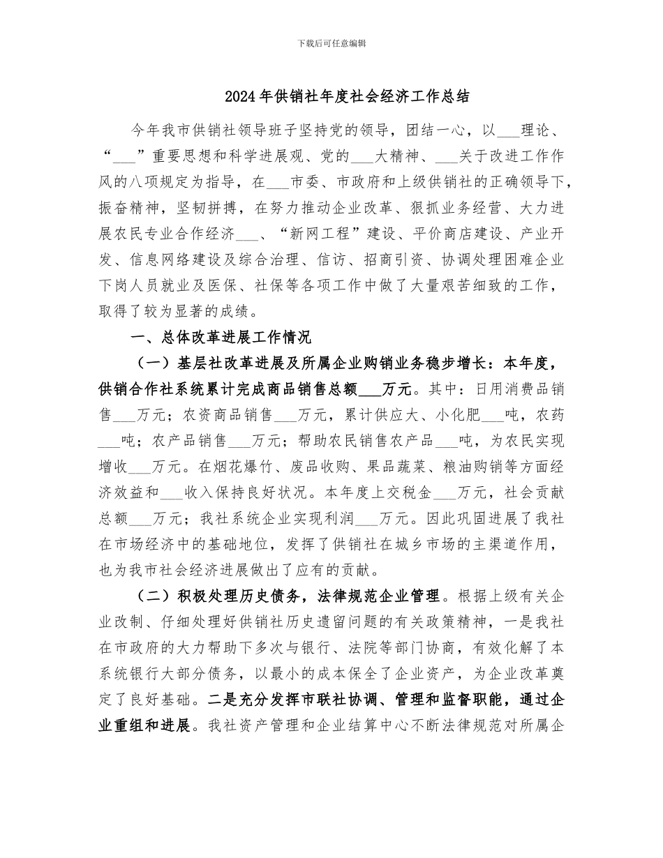 2024年供销社年度社会经济工作总结_第1页