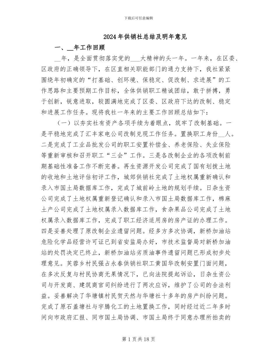 2024年供销社总结及明年意见_第1页