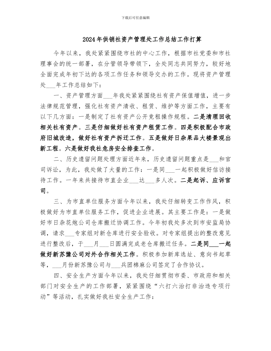 2024年供销社资产管理处工作总结工作打算_第1页