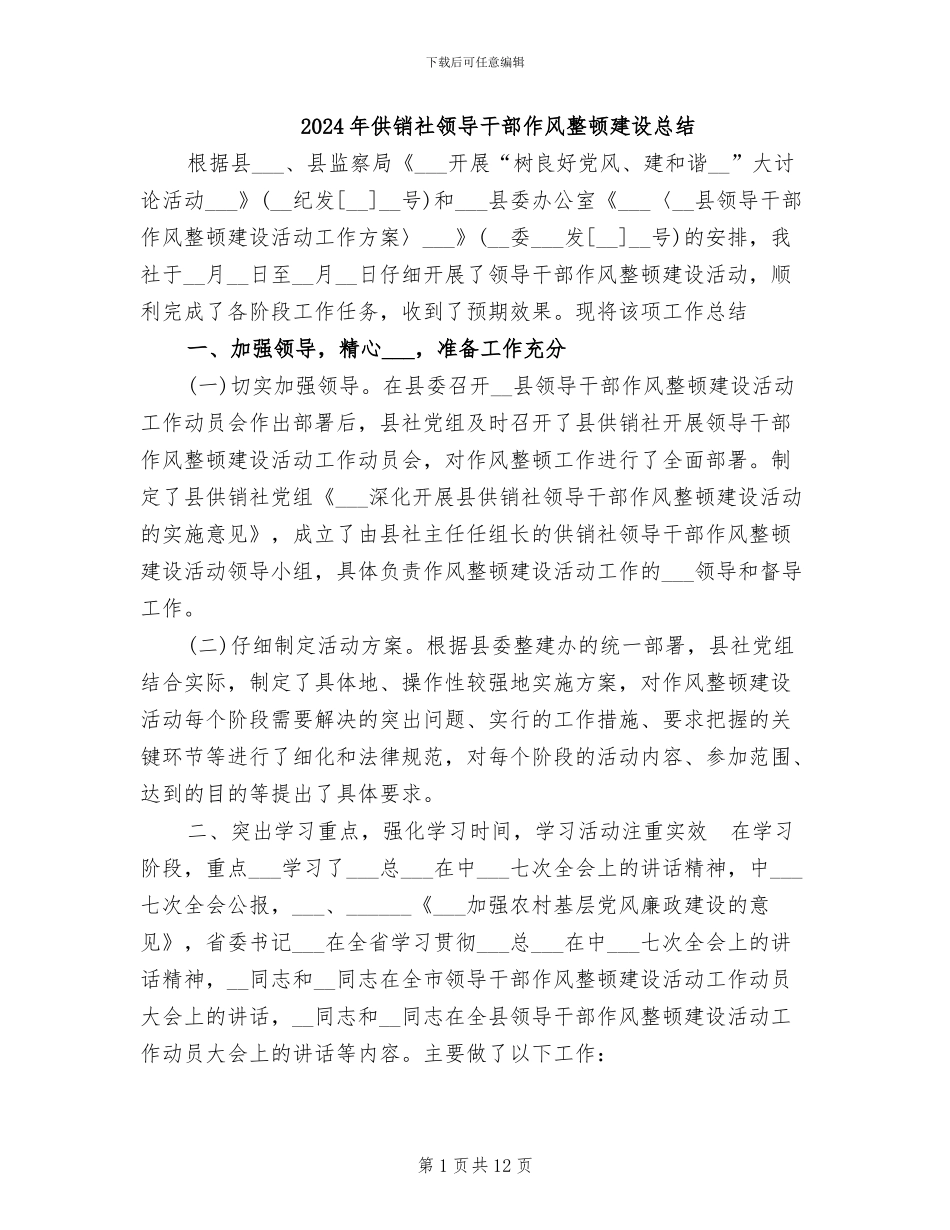 2024年供销社领导干部作风整顿建设总结_第1页
