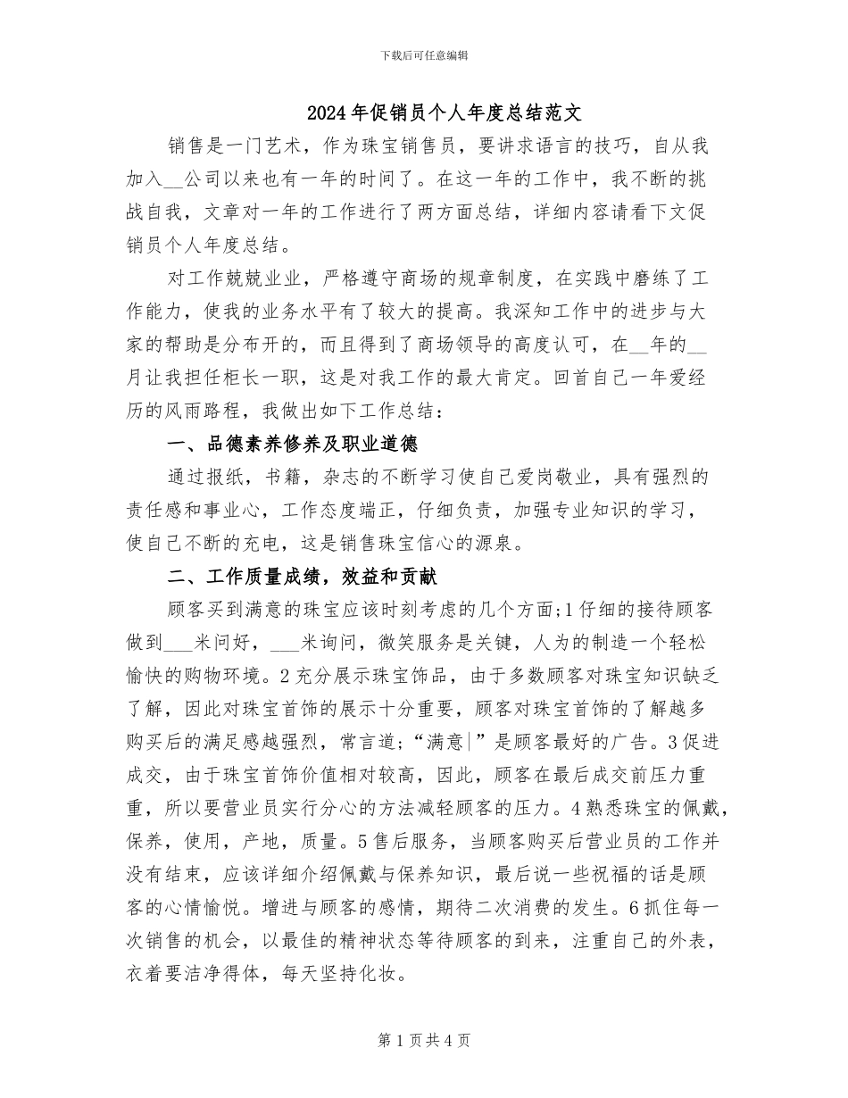 2024年促销员个人年度总结范文_第1页