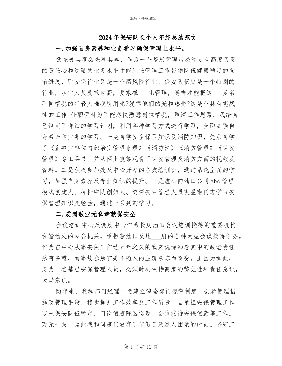 2024年保安队长个人年终总结范文_第1页