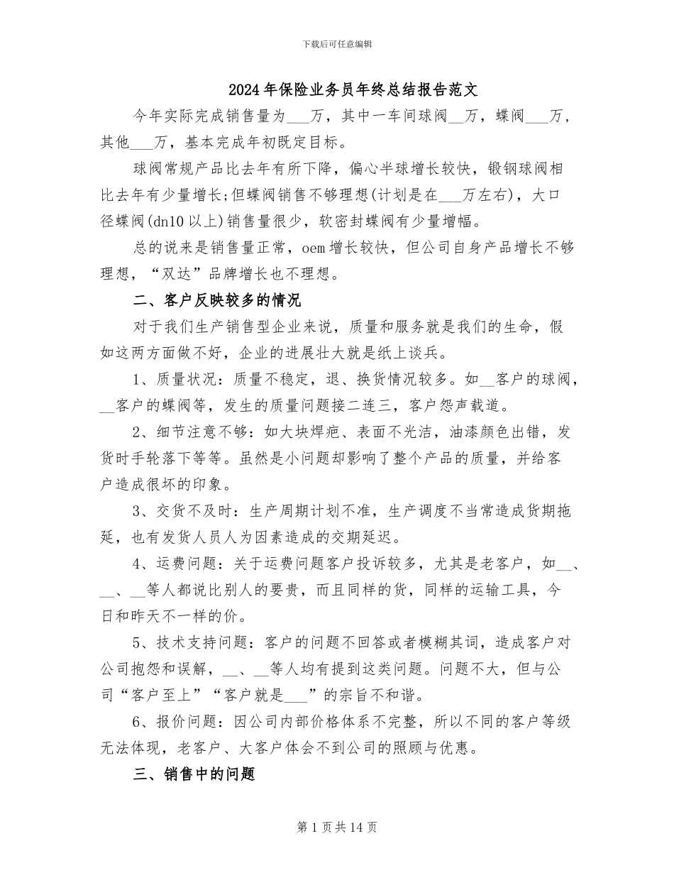 2024年保险业务员年终总结报告范文_第1页