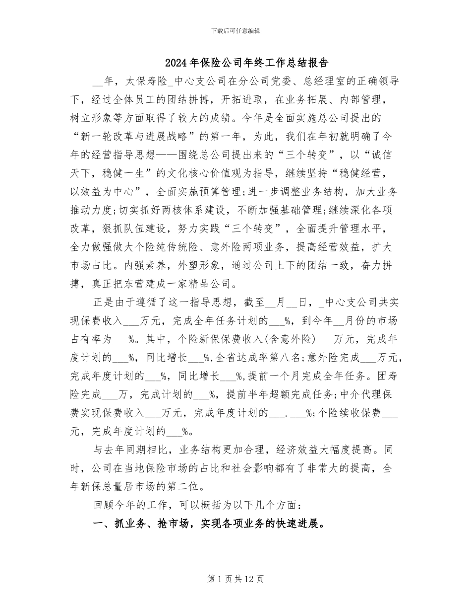2024年保险公司年终工作总结报告_第1页