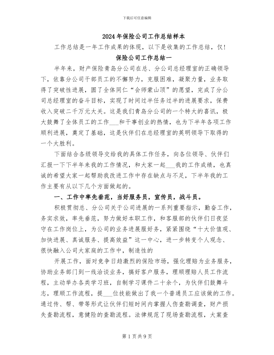 2024年保险公司工作总结样本_第1页
