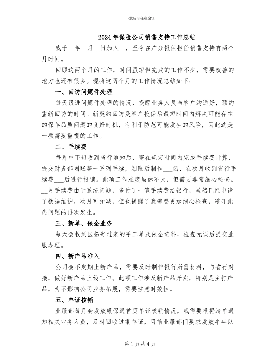 2024年保险公司销售支持工作总结_第1页