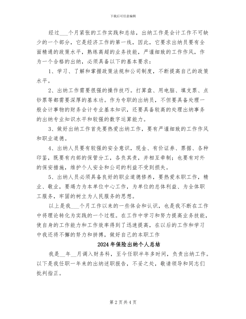2024年保险出纳个人年终工作总结报告_第2页