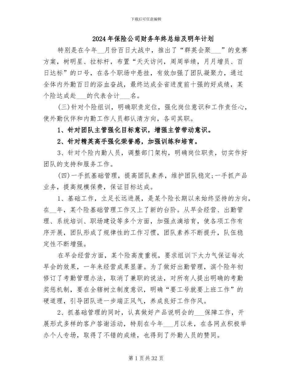 2024年保险公司财务年终总结及明年计划_第1页