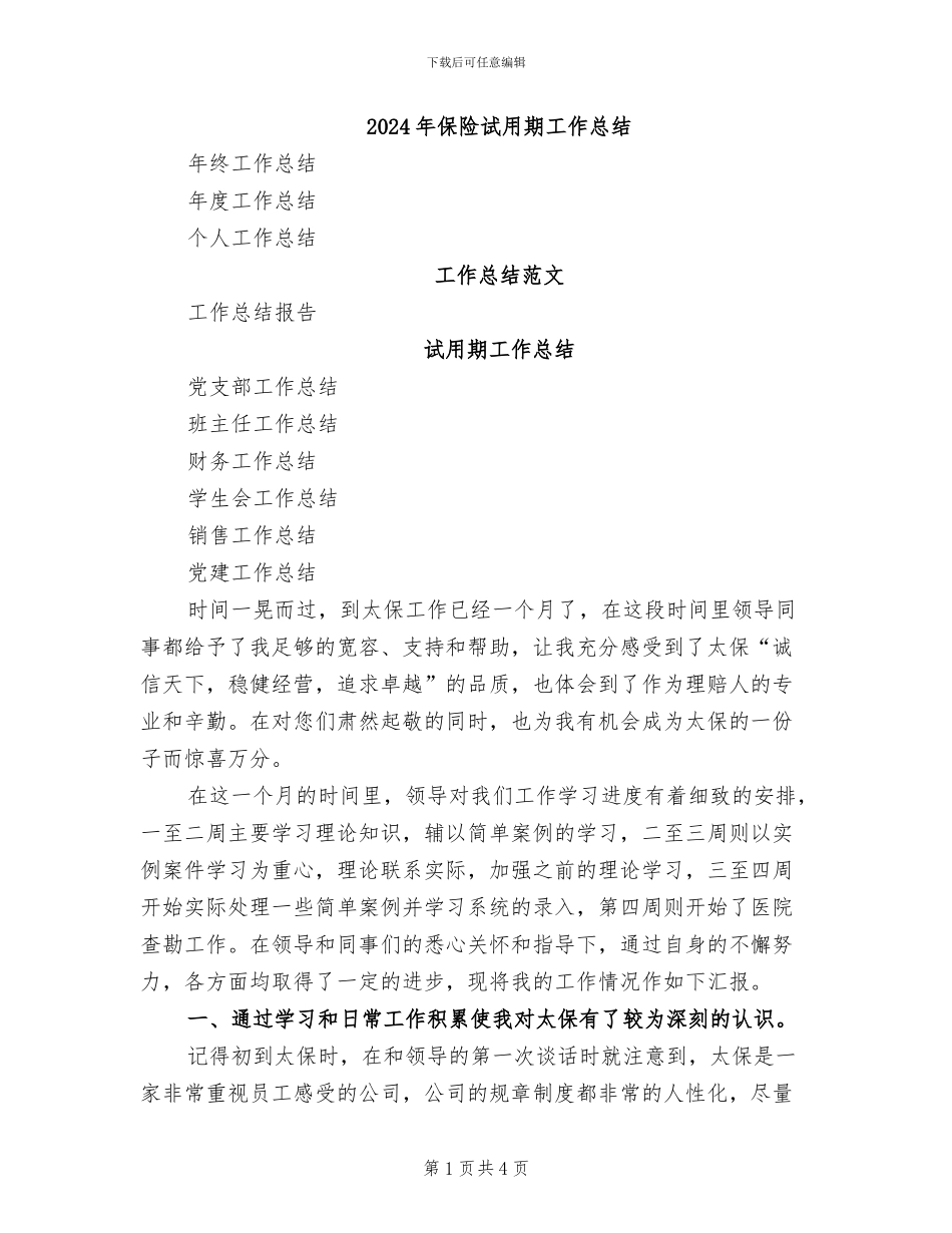 2024年保险试用期工作总结_第1页