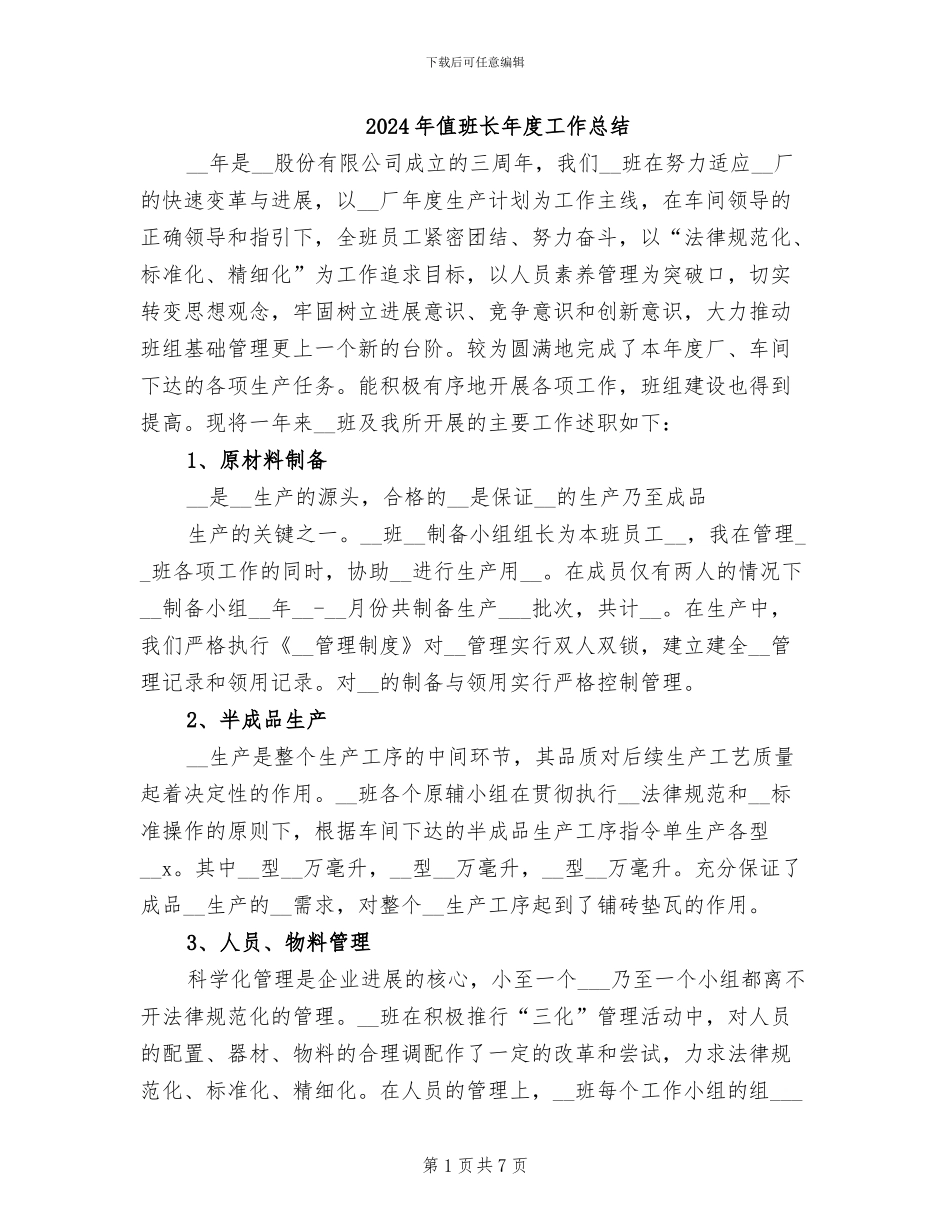 2024年值班长年度工作总结_第1页
