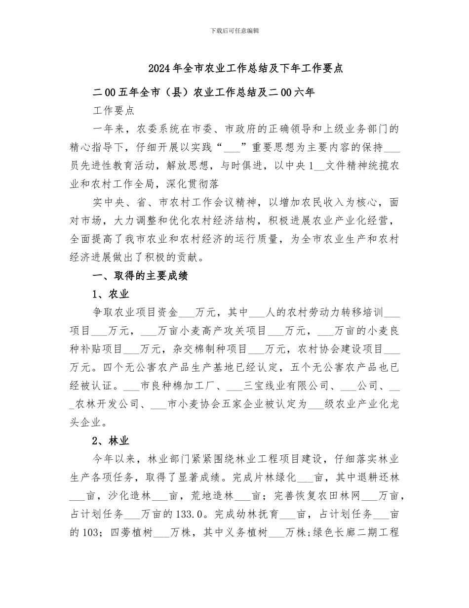2024年全市农业工作总结及下年工作要点_第1页