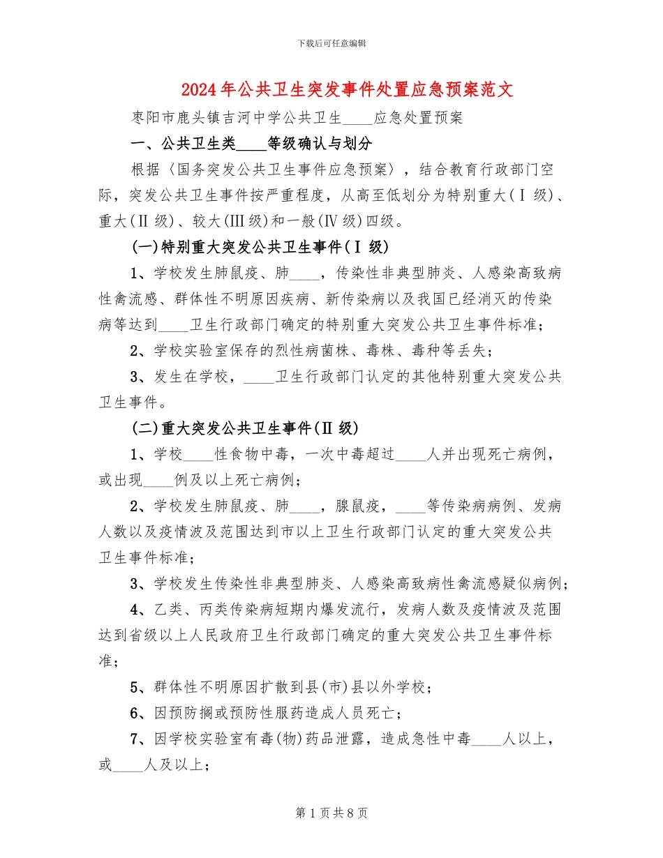 2024年公共卫生突发事件处置应急预案范文_第1页