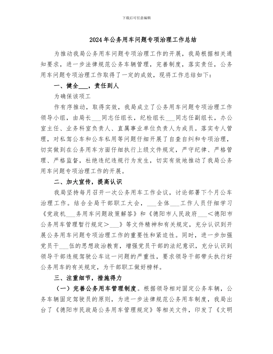 2024年公务用车问题专项治理工作总结_第1页