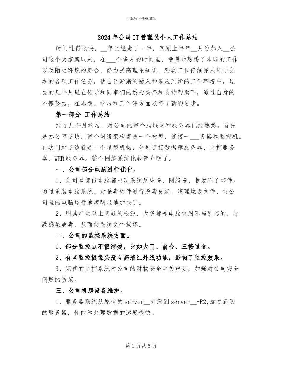 2024年公司IT管理员个人工作总结_第1页