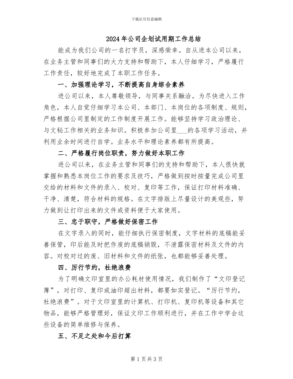 2024年公司企划试用期工作总结_第1页