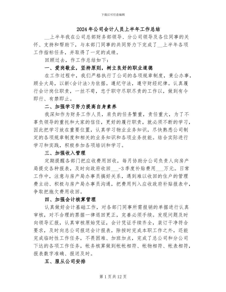 2024年公司会计人员上半年工作总结_第1页