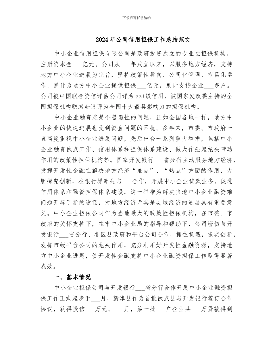 2024年公司信用担保工作总结范文_第1页