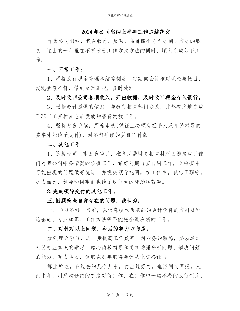 2024年公司出纳上半年工作总结范文_第1页