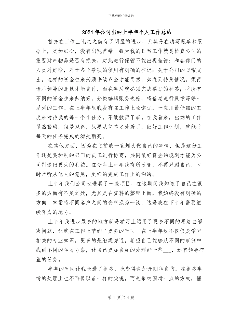 2024年公司出纳上半年个人工作总结_第1页