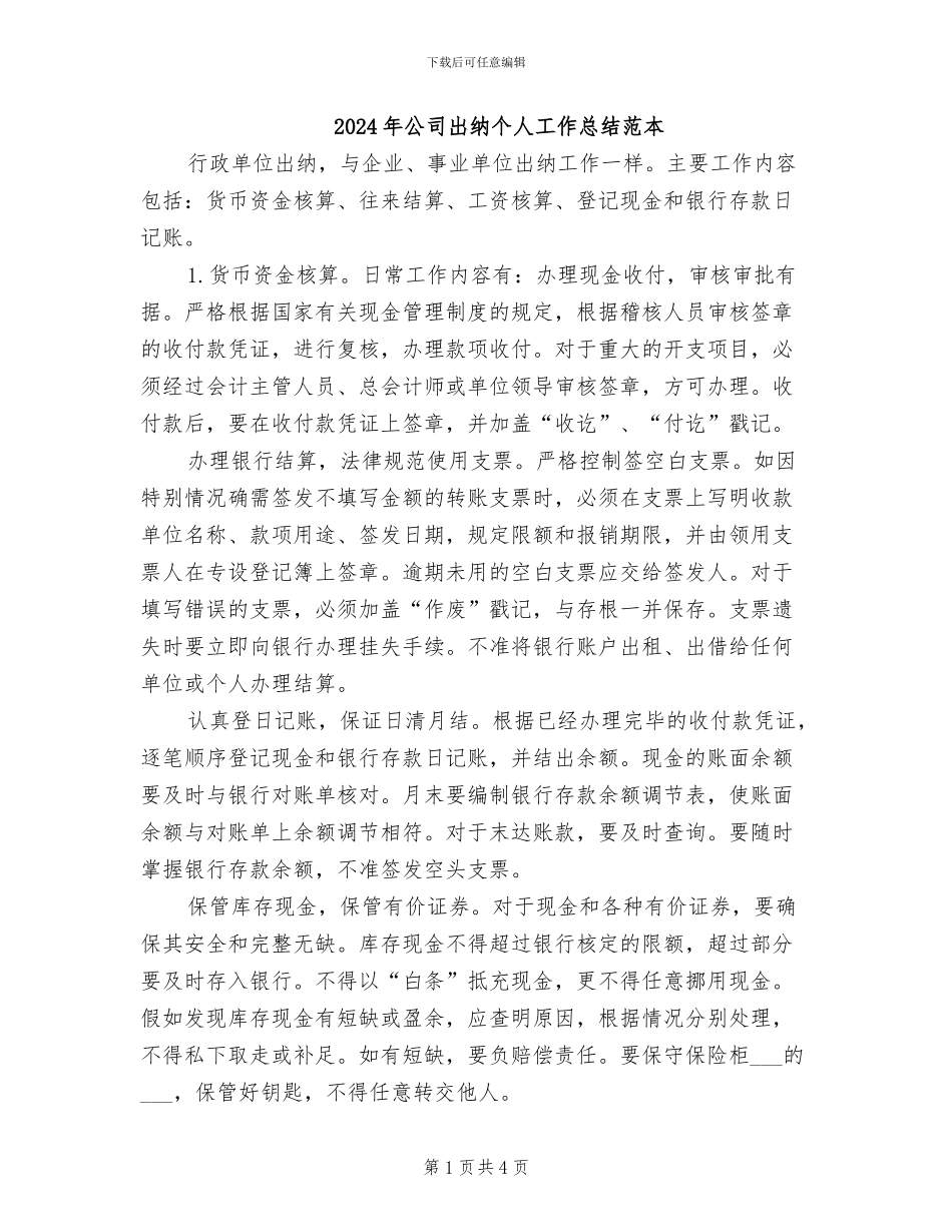 2024年公司出纳个人工作总结范本_第1页