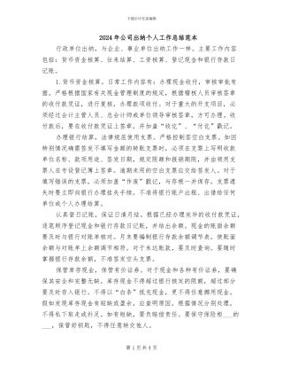 2024年公司出纳个人工作总结范本