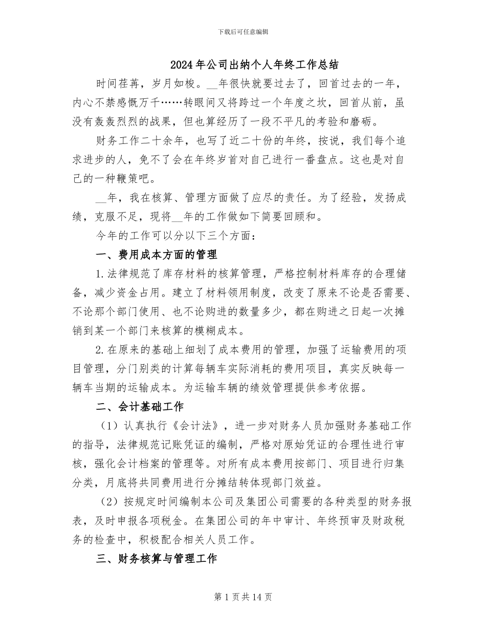 2024年公司出纳个人年终工作总结_第1页