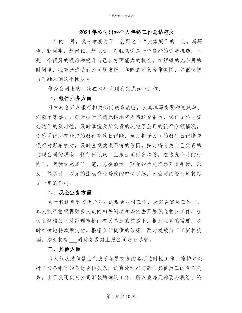 2024年公司出纳个人年终工作总结范文_第1页